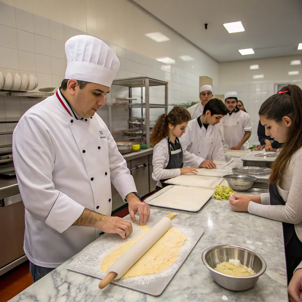 Chef demonstrating pasta making techniques to a group of students in a professional kitchen